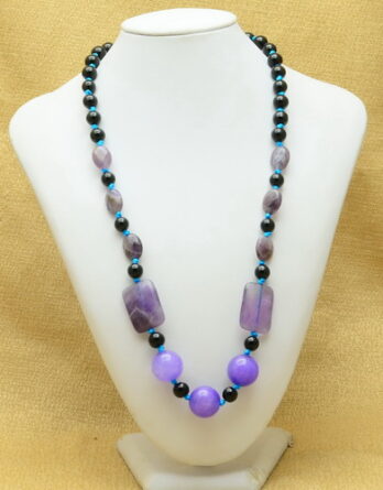 BLACK AGATE, PURPLE JADE, AMETHYST GEMSTONE 21 1/2" NECKLACE