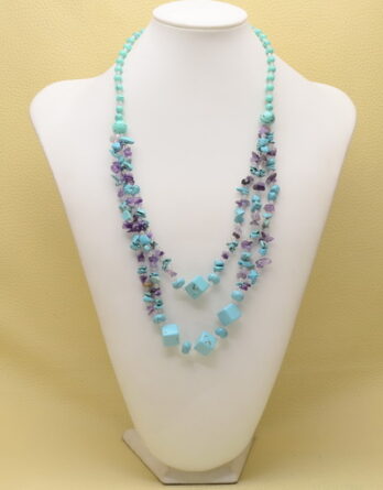 BLUE TURQUOISE HOWLITE, GLASS, AMETHYST GEMSTONE NECKLACE