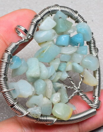 NATURAL AMAZONITE GEMSTONE TREE OF LIFE WIRE WRAP PENDANT