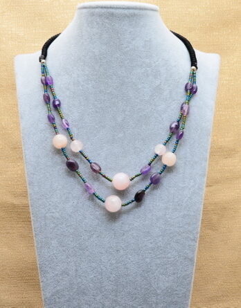 NATURAL AMETHYST, ROSE QUARTZ GEMSTONE 19 1/8" HAND CROCHETED NECKLACE