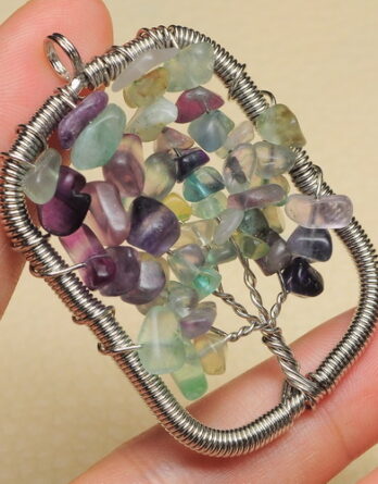 NATURAL FLUORITE GEMSTONE TREE OF LIFE WIRE WRAP PENDANT
