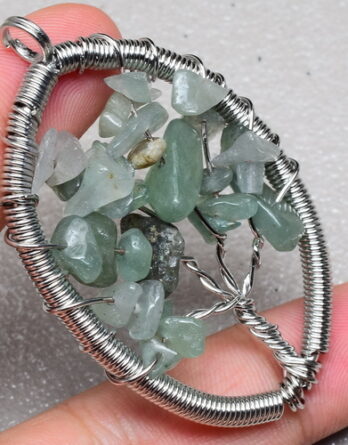 NATURAL GREEN AVENTURINE GEMSTONE TREE OF LIFE WIRE WRAP PENDANT