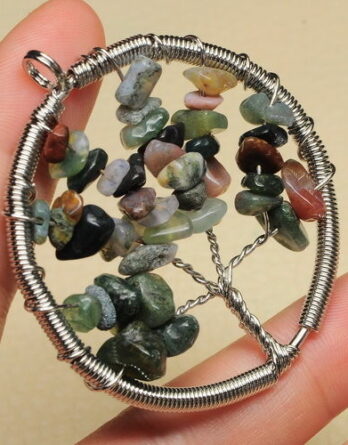 NATURAL INDIAN AGATE GEMSTONE TREE OF LIFE WIRE WRAP PENDANT