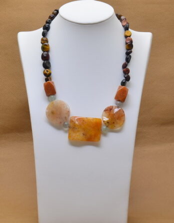 NATURAL TIGER'S EYE, YELLOW JADE, ORANGE AVENTURINE GEMSTONE NECKLACE