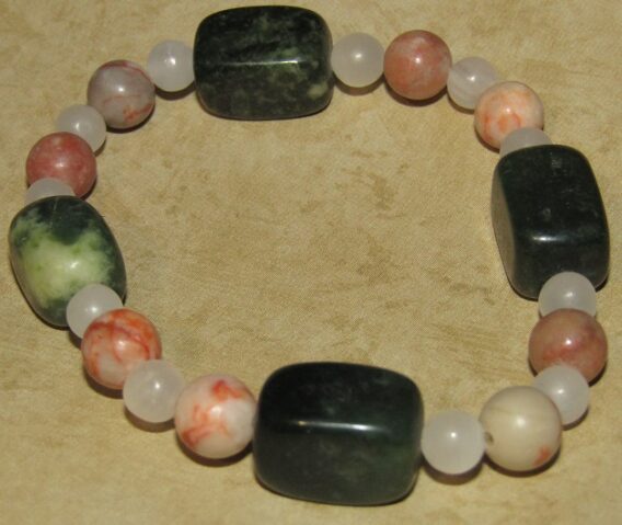 Green Jasper, Red Net Jasper, White Quartz Stretch Bracelet - Image 4
